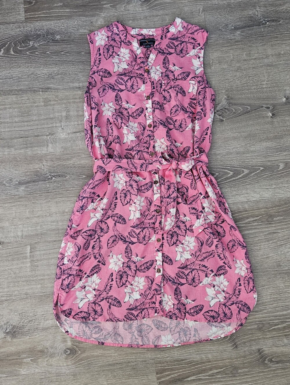 Margaritaville Island Reserve Linen Bl Tropical Floral Resort Shirt Dress Pink L